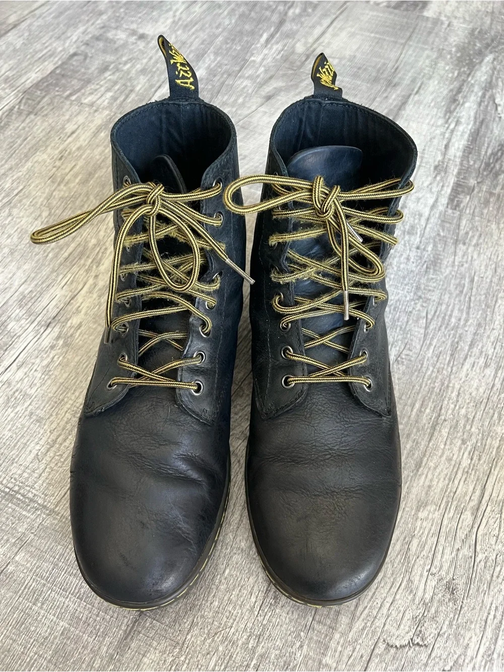 Dr. Martens Tobias Black Leather Lace-Up Boots with Yellow Accents